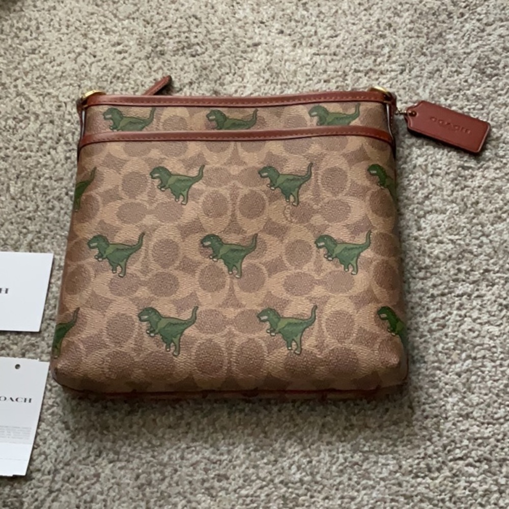 Coach Brown and Green Messenger Bag with Signature Dino Print